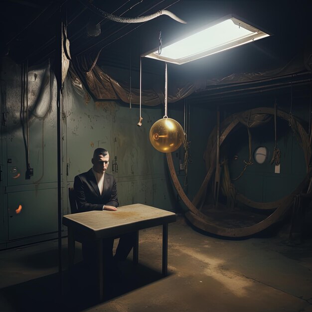 Photo a man sits at a table in a room with a large gold ball hanging from the ceiling