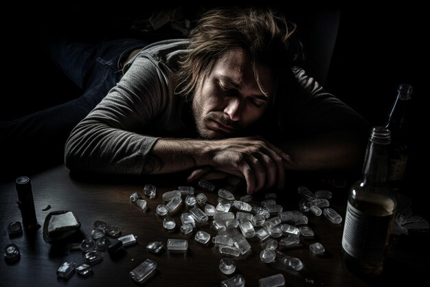 Foto un uomo si siede a un tavolo con alcol e droghe