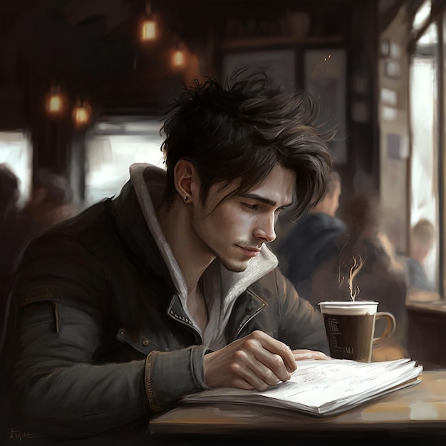 A man sits at a table with a book in his hand and looks at a cup of coffee.