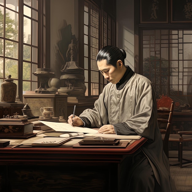 a man sits at a table with a book in his hand