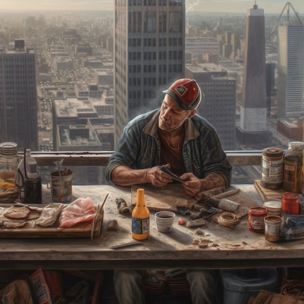 A man sits at a table with a bottle of beer that says'the city is on the table '