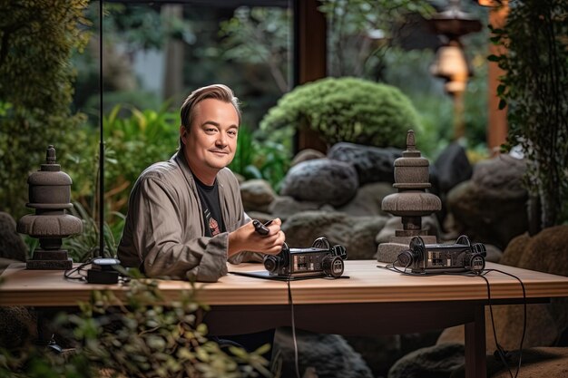 Photo a man sits at a table with a camera and a plant in the background