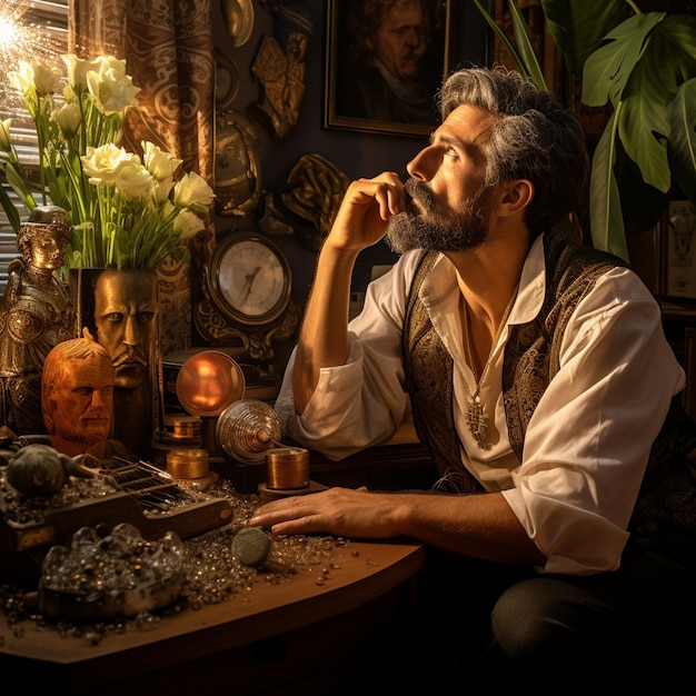 a man sits at a table with a clock behind him.