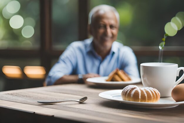 男性が一杯のコーヒーと一皿のクッキーを持ってテーブルに座っています。