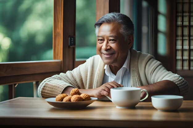 A man sits at a table with a cup of coffee and a plate of donuts