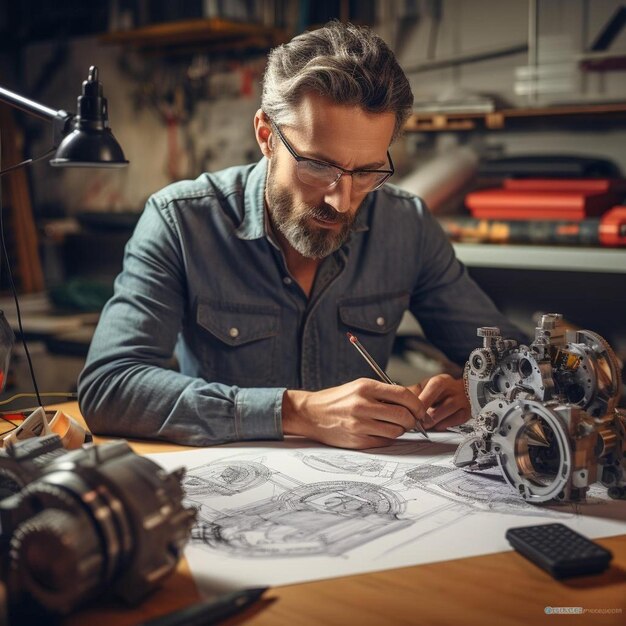 a man sits at a table with a drawing of a man in glasses