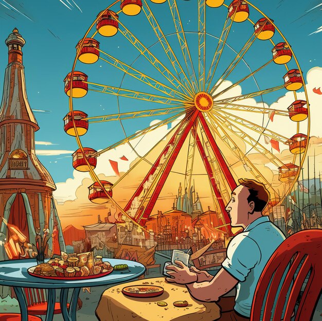 a man sits at a table with a ferris wheel in the background.