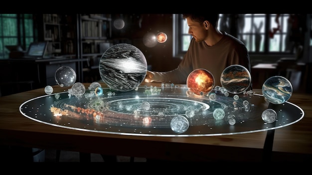 Photo a man sits at a table with a glass table that has many glass globes on it.