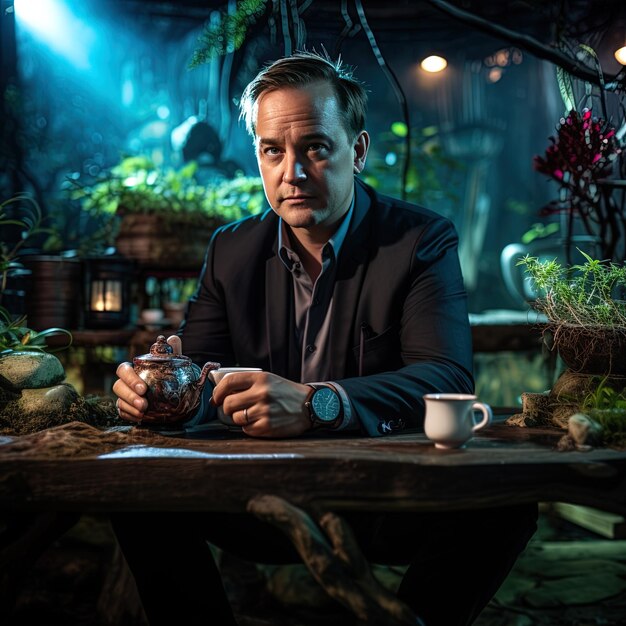 a man sits at a table with a jar of tea and a cup of tea