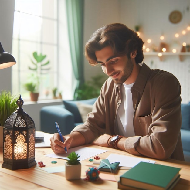 Photo a man sits at a table with a lamp and a book on it