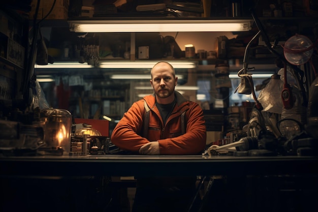 a man sits at a table with a lamp behind him