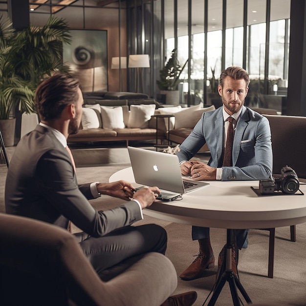 a man sits at a table with a laptop and another man in a suit.