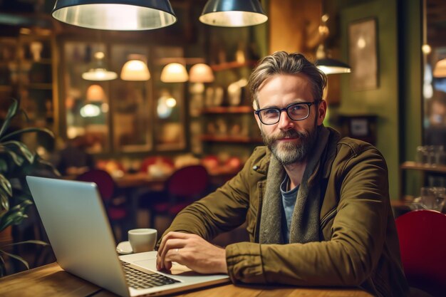 A man sits at a table with a laptop in a cafe.