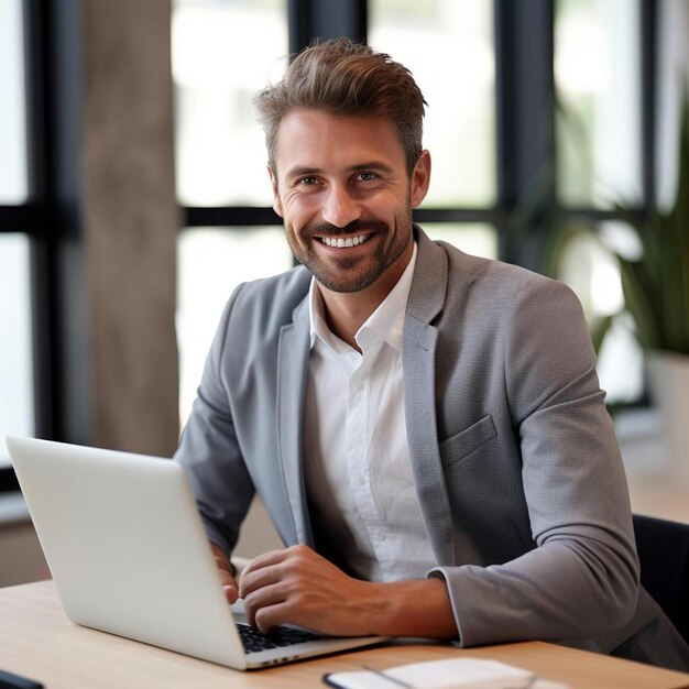 a man sits at a table with a laptop and a coffee cup in the background