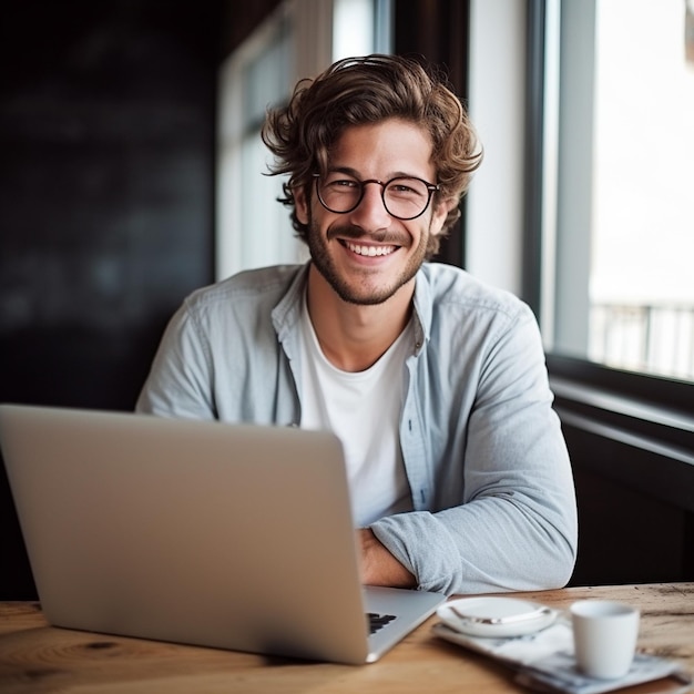 Photo a man sits at a table with a laptop and a coffee cup.