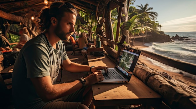 a man sits at a table with a laptop in front of a beach.