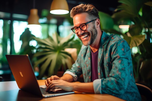 A man sits at a table with a laptop in front of him.