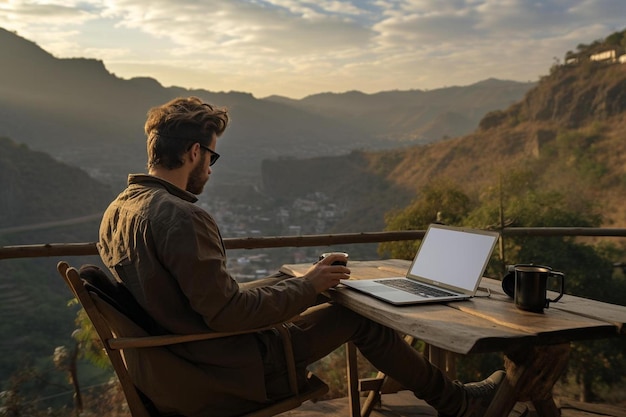 Photo a man sits at a table with a laptop on his lap.