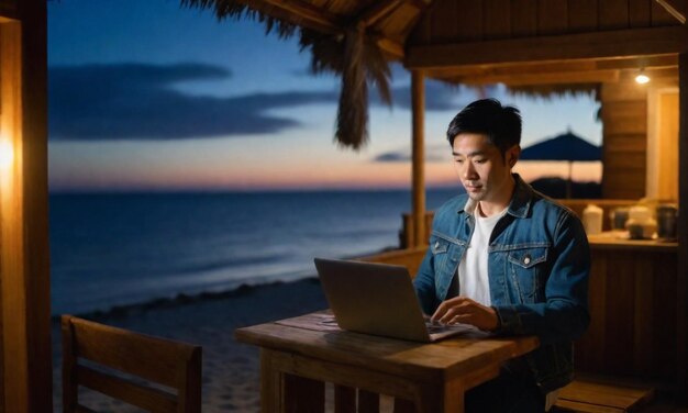 a man sits at a table with a laptop on his lap