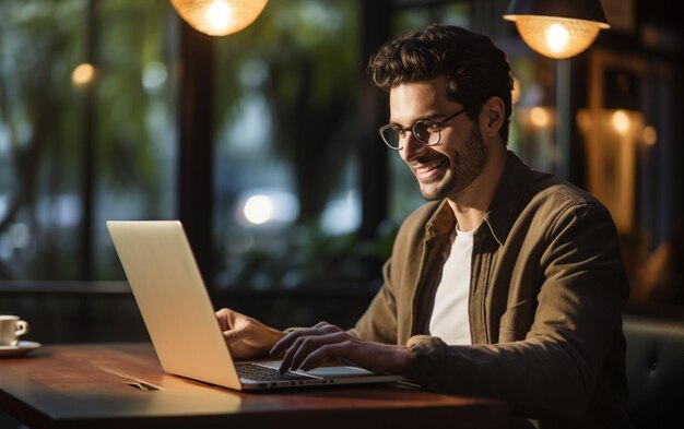 a man sits at a table with a laptop and a lamp behind him