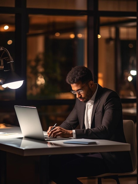 a man sits at a table with a laptop and a lamp on it