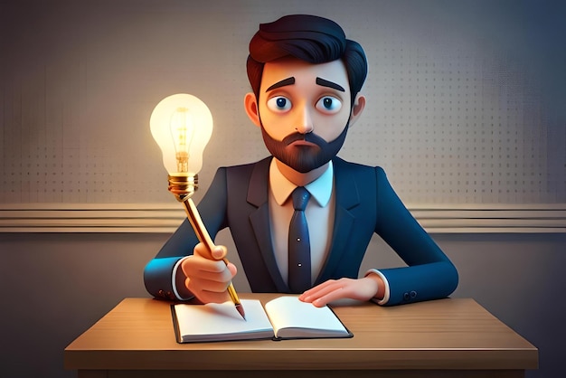 man sits at a table with a laptop and a lamp that says the word on it 3d illustration