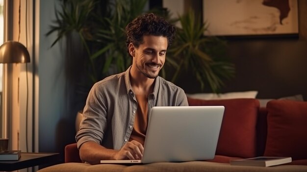 мужчина сидит за столом с ноутбуком и смотрит на экран.