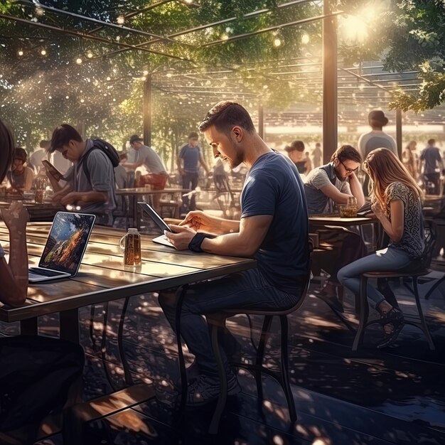 a man sits at a table with a laptop and other people sitting at tables