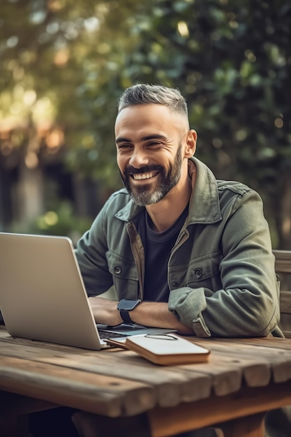 A man sits at a table with a laptop and a phone on his lap.