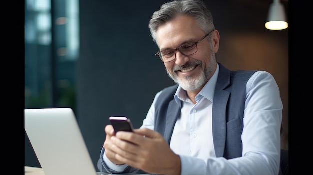 A man sits at a table with a laptop and a phone that says'smart'on it