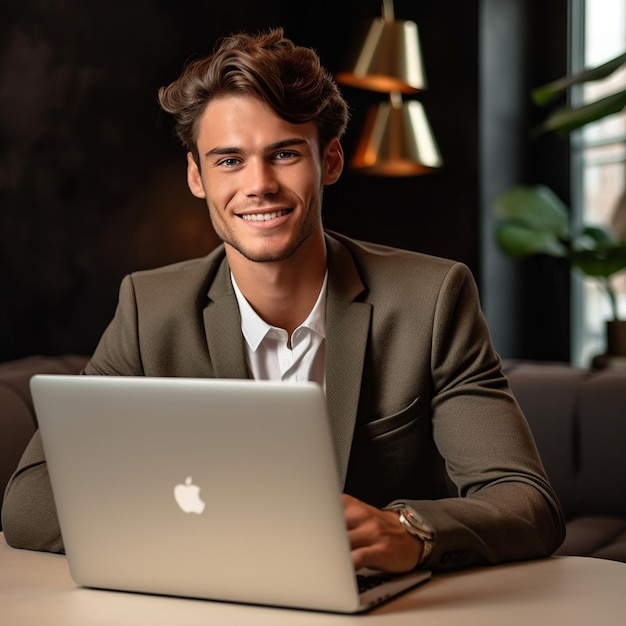 A man sits at a table with a laptop and smiling.