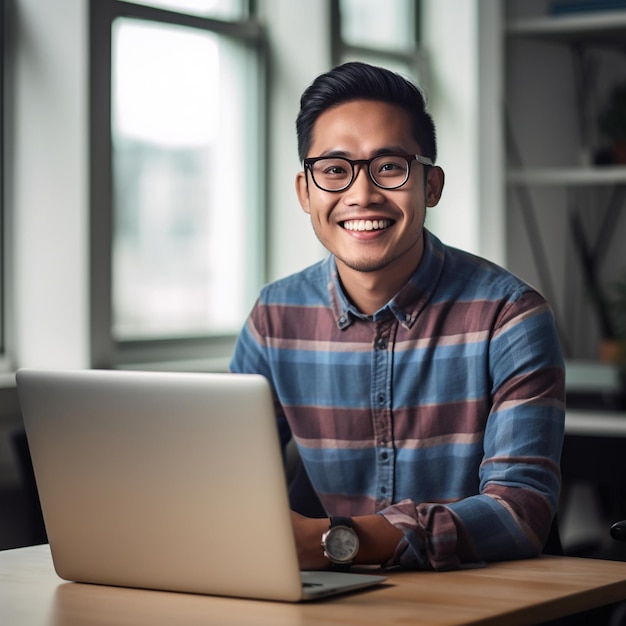 A man sits at a table with a laptop and smiling.