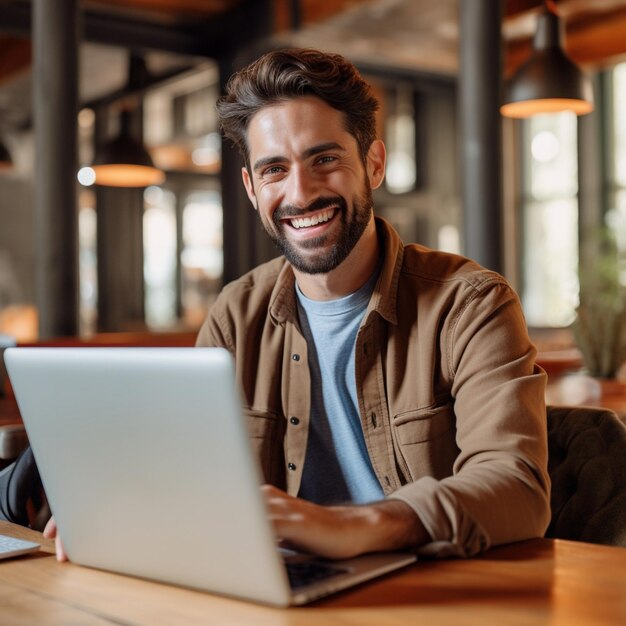 A man sits at a table with a laptop and smiling.