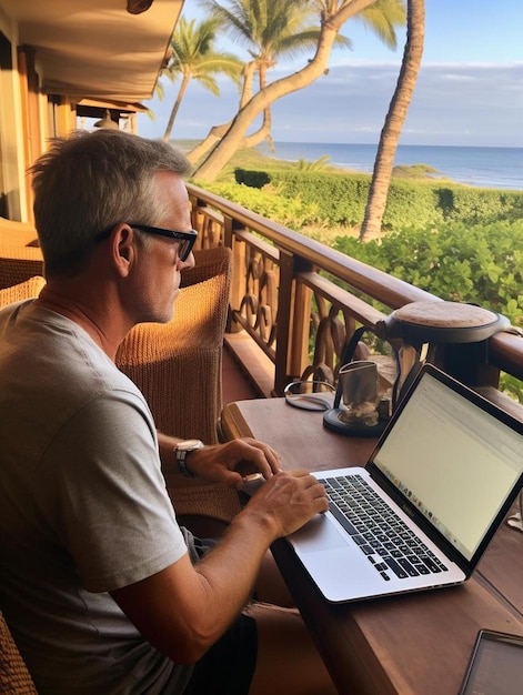 a man sits at a table with a laptop and a view of the ocean.