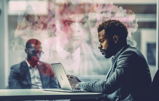 A man sits at a table with a laptop and the words'business'on it