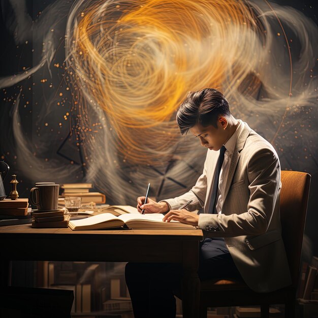 a man sits at a table with a man writing in front of a large spiral