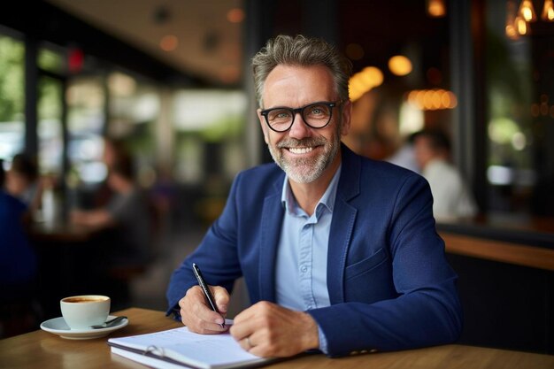 Photo a man sits at a table with a pen and a cup of coffee