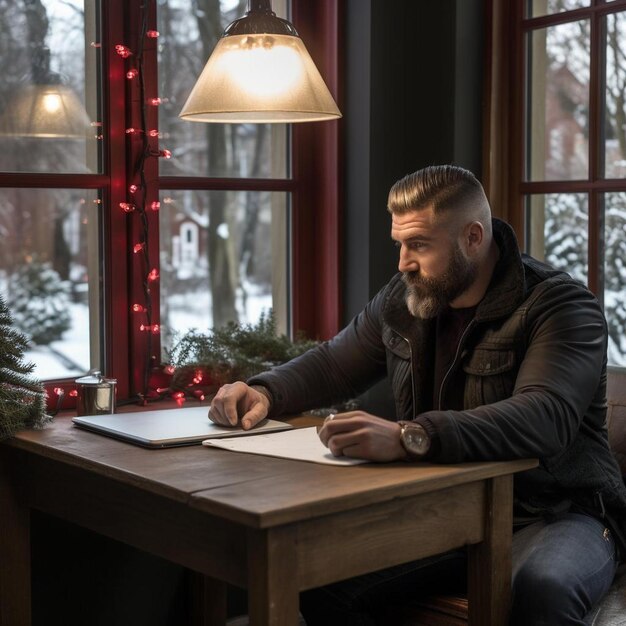 a man sits at a table with a pen and paper in front of a window