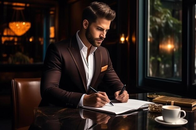 a man sits at a table with a pen and a plate of food