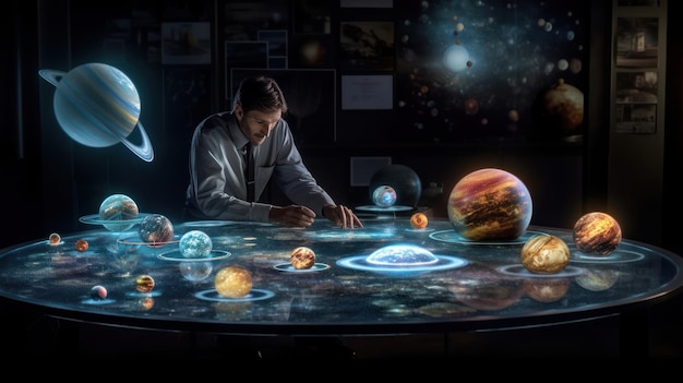 A man sits at a table with planets on it.