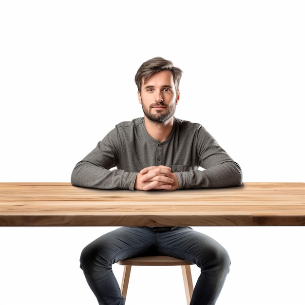 A man sits at a table with a shirt that says " the word " on it.