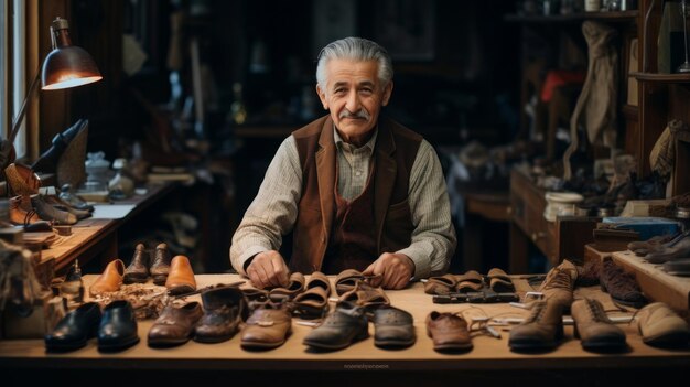 Photo a man sits behind a table with a shoe on it