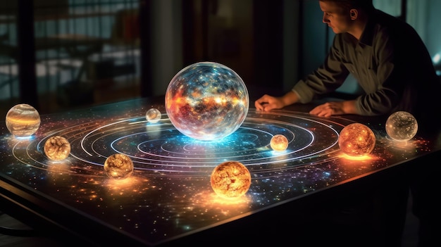 A man sits at a table with a table that has a planet on it.