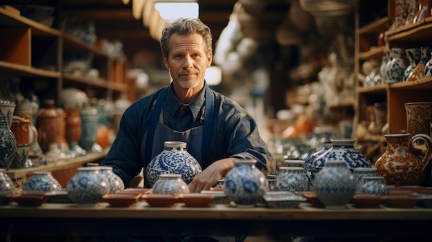 a man sits behind a table with a vase and a vase with a blue and white design