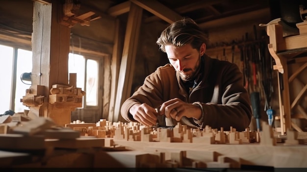 A man sits at a table in a wooden model of a building made of wood.
