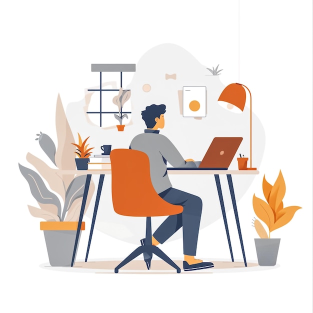 Photo man sits at a table works at a computer at home remote work freelance home office programming training cozy working interior with a cat interior with plants vector illustration