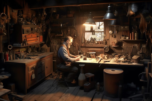 A man sits at a table in a workshop with a clock on the wall