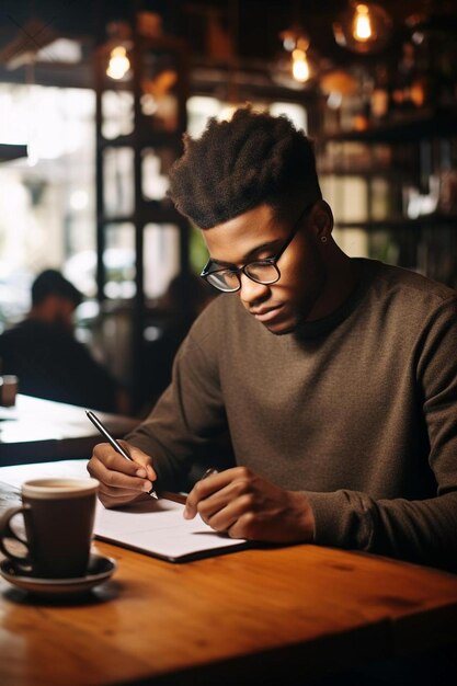 a man sits at a table writing with a pen