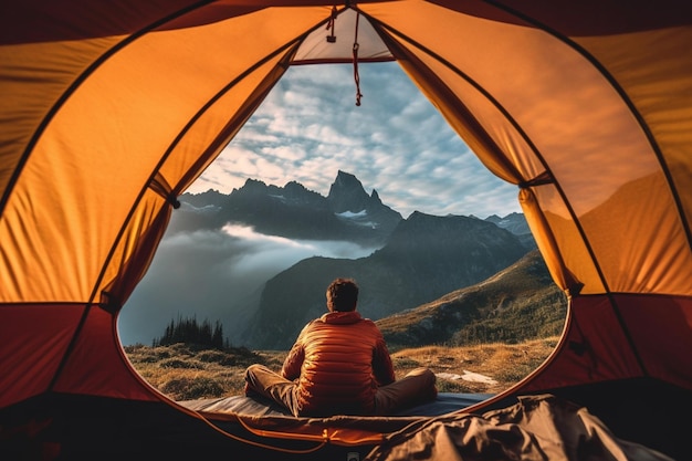 男が山を背景にテントの中に座っている。