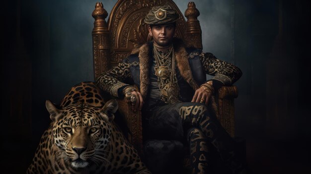 A man sits in a throne with a tiger on it